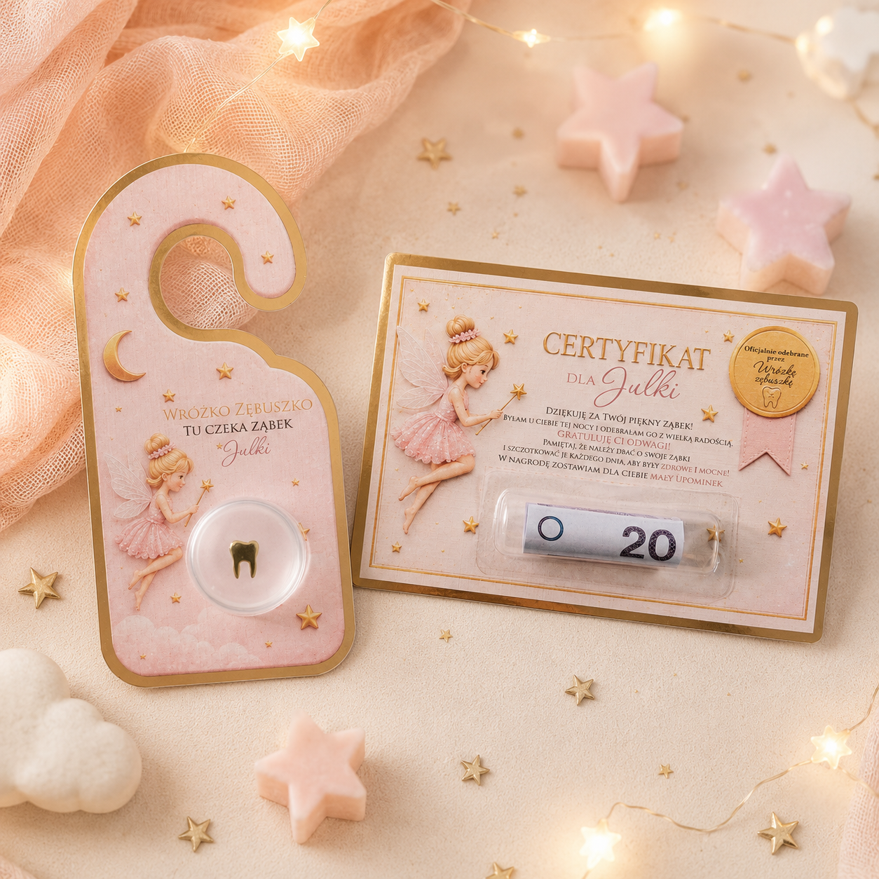 Zestaw Wróżki Zębuszki- zawieszka na drzwi + certyfikat odbioru ząbka | Personalizowany prezent dla dziecka