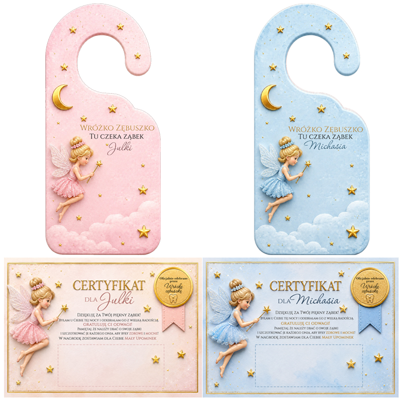 Zestaw Wróżki Zębuszki- zawieszka na drzwi + certyfikat odbioru ząbka | Personalizowany prezent dla dziecka (4)