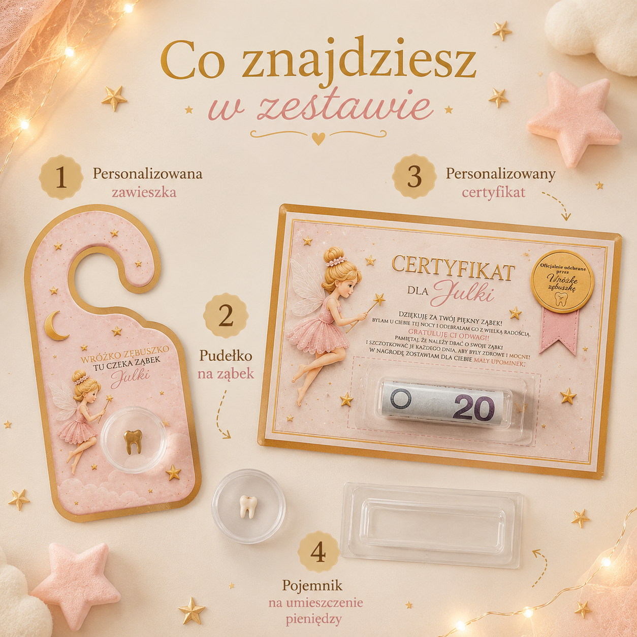 Zestaw Wróżki Zębuszki- zawieszka na drzwi + certyfikat odbioru ząbka | Personalizowany prezent dla dziecka (5)
